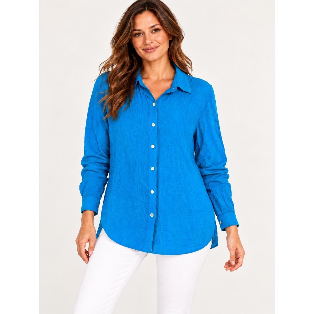 J.Jill Women's Medium Teal Blue Crinkle Gauze Button Down Tunic Shirt Pockets